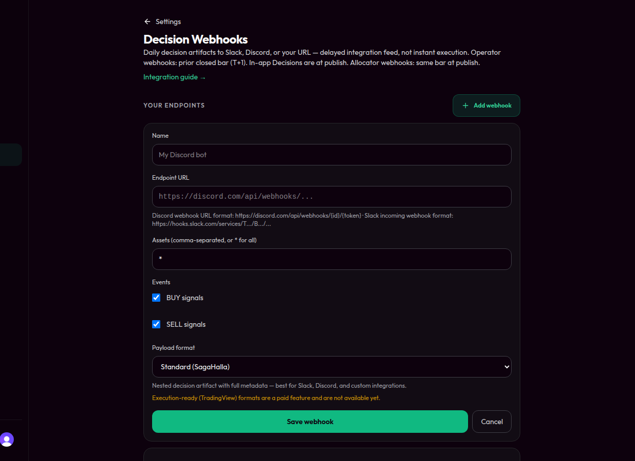 Create webhook form with Discord/Slack URL and event filters