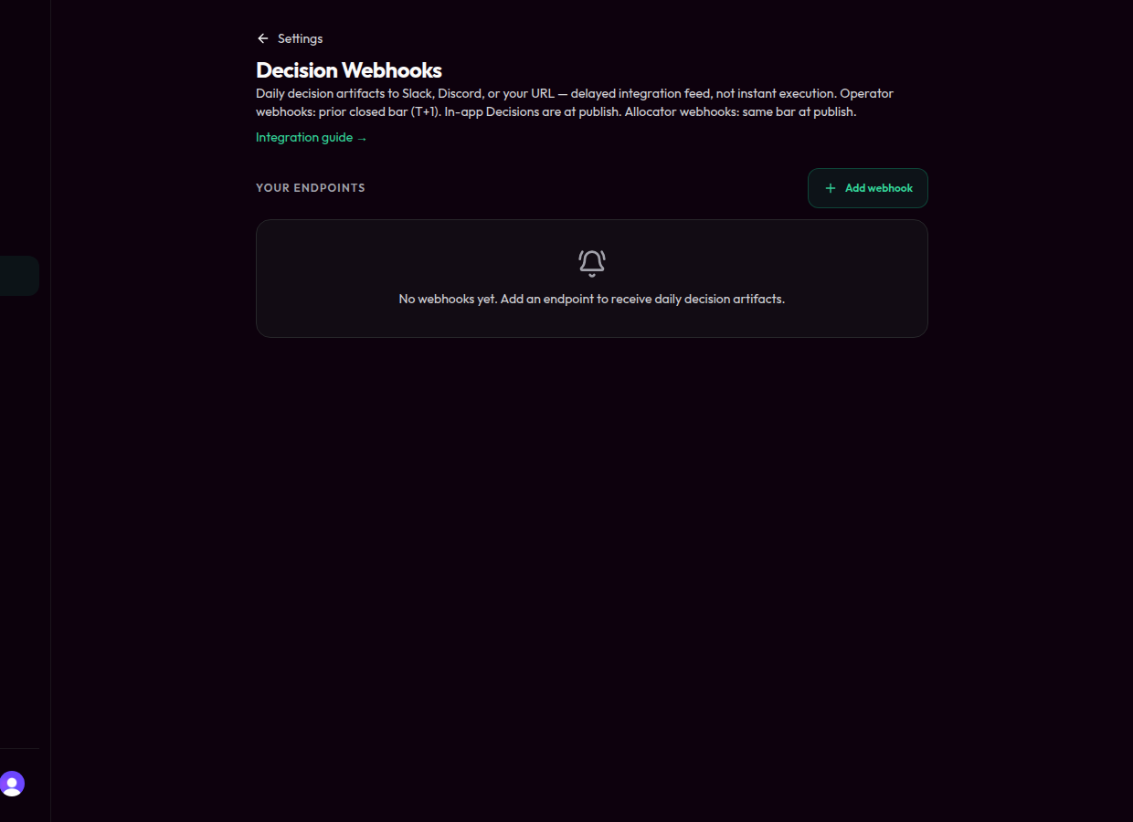 Decision Webhooks list — empty endpoints state after acknowledgment